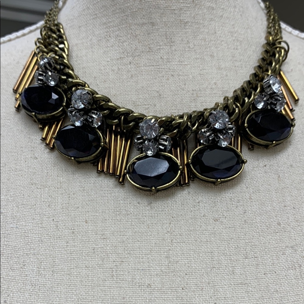 LOFT Vintage looking brass and navy rhinestone Statement Necklace